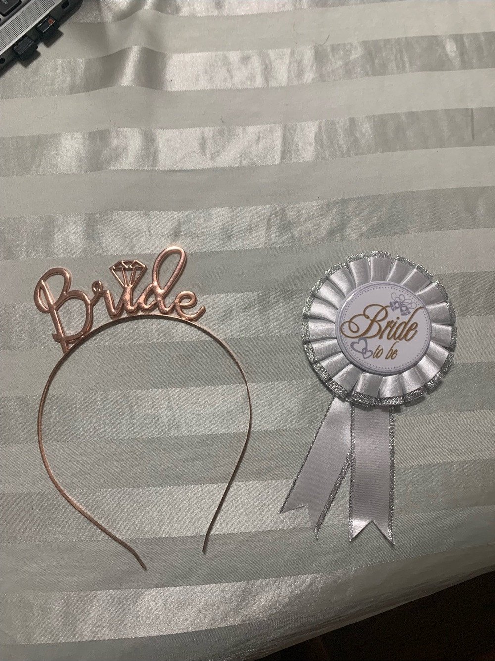 Bride Headband and 'Bride to Be' Ribbon Badge - Rose Gold & White